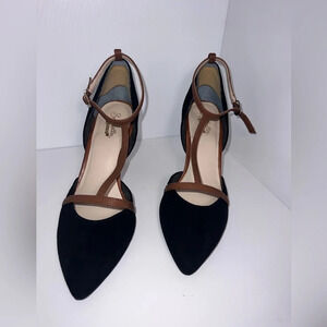 Seychelles Black and Brown T-Strap Pointed Toe Heels